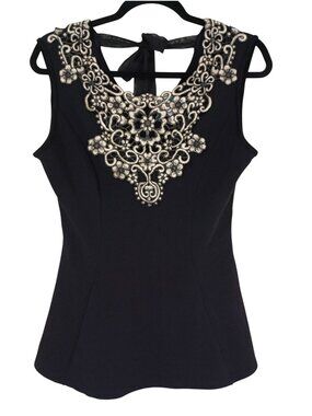 Black Sleeveless Top With Embroidered Floral Neckline & Back Tie Accent XL
